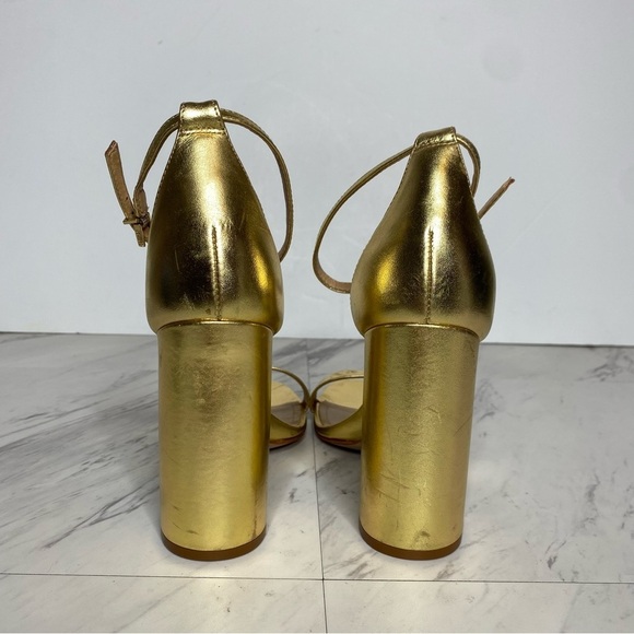 Schutz Gold Leather Ankle Strap Block Heel Sandal 10 1/2 B - Picture 3 of 16
